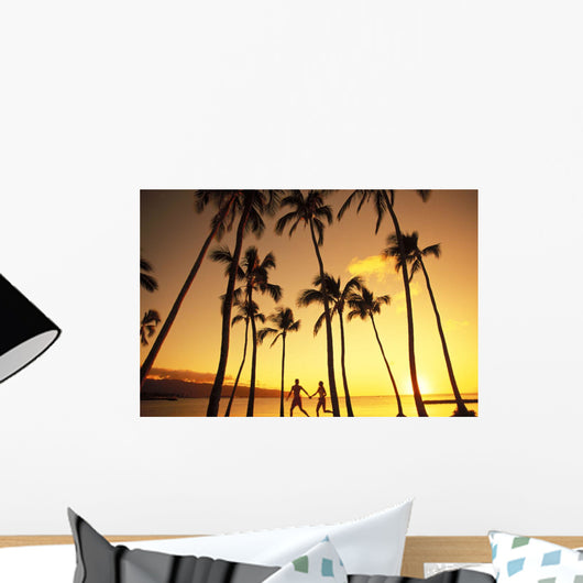 View Of Couple In Park By Beach Palm Trees, Golden Sunset Wall Mural