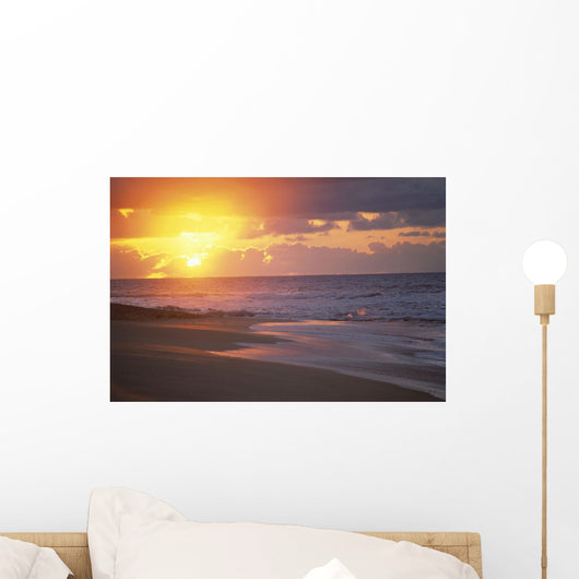 Hawaii, Oahu, Sandy Beach At Sunrise, Glowing Sky, Shoreline A32H Wall Mural