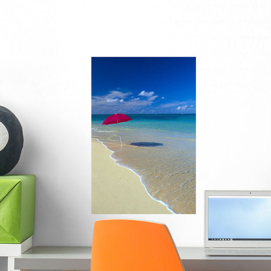 Red Beach Umbrella In Shoreline Waters, Clear Turquoise Water B1455 Wall Mural