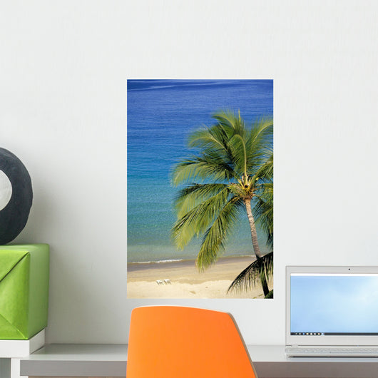 Tropical Beach With Palm Foreground, Beach Chair Distance Wall Mural