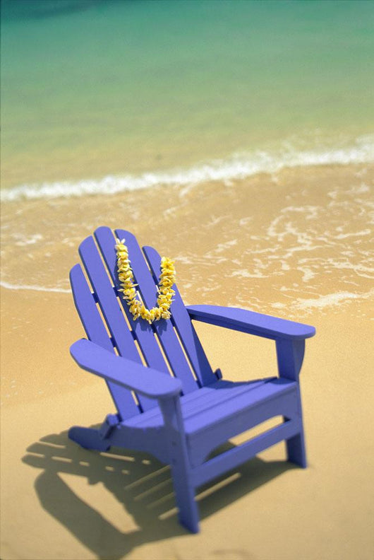 Blue Chair Along Shoreline With Plumeria Lei Hanging On Side Wall Mural