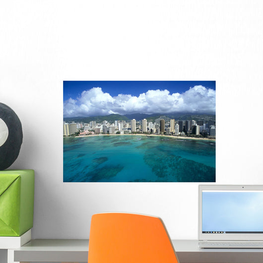 Hawaii, Oahu, Waikiki, Aerial View From Ocean Looking Toward Mountains Wall Mural