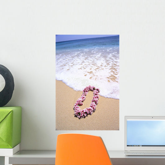 Close-Up Of Pink Lei In Sand On Beach, Foaming Shore Waters, Blue Sky Wall Mural