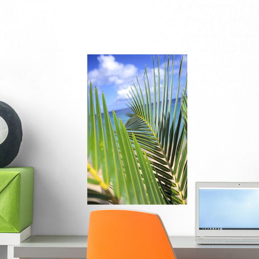 View Through Green Palm Leaves Of Blue Sky Wall Mural