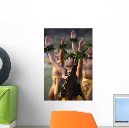 Side Angle Of Hula Dancers Kahiko All With Arms Raised, Looking Upward Wall Mural