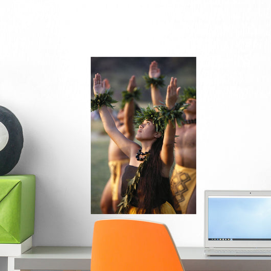 Side Angle Of Hula Dancers Kahiko All With Arms Raised, Looking Upward Wall Mural