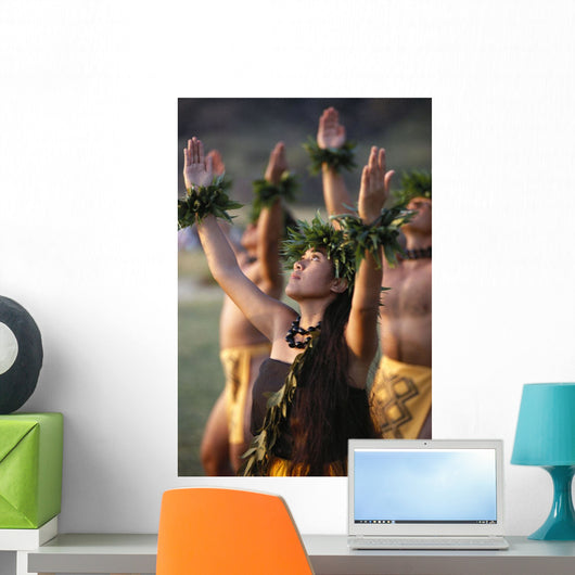 Side Angle Of Hula Dancers Kahiko All With Arms Raised, Looking Upward Wall Mural