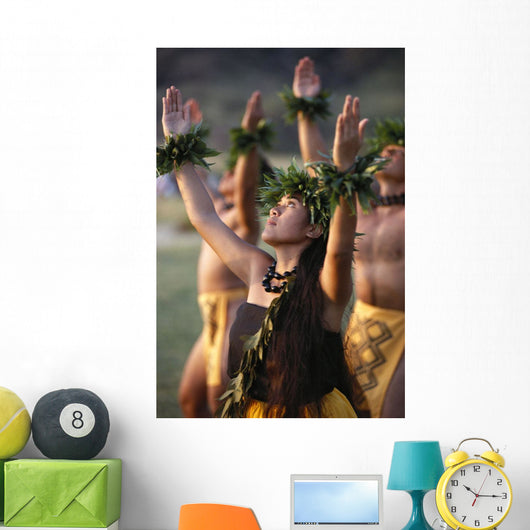 Side Angle Of Hula Dancers Kahiko All With Arms Raised, Looking Upward Wall Mural
