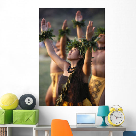 Side Angle Of Hula Dancers Kahiko All With Arms Raised, Looking Upward Wall Mural