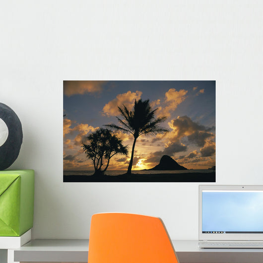 Mokoli'i Island At Sunrise Golden Light Palm Tree In Foreground Wall Mural