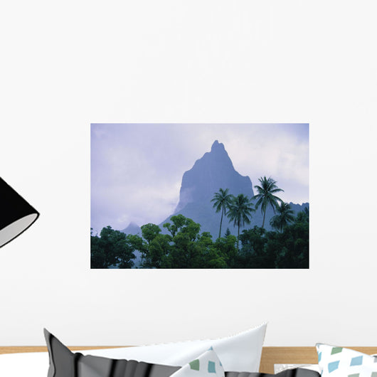French Polynesia, Moorea, View Mt Opunohu Gray Skies And Palm Trees Wall Mural