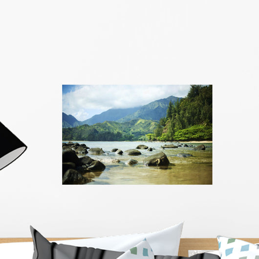 Hawaii, Kauai, Waikoko, Ocean Shoreline And Mountains In Distance Wall Mural
