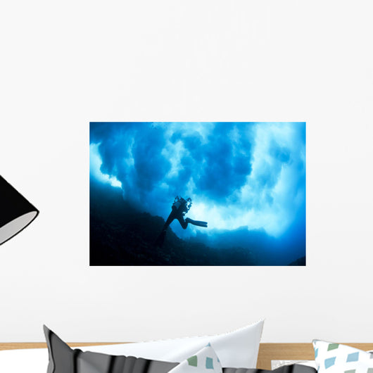 Hawaii, Lanai, Diver Near Cathedral Underneath A Billowing Wave Wall Mural