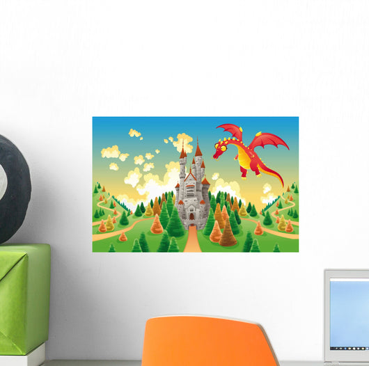 Panorama with medieval castle and dragon. Vector illustration Wall Mural