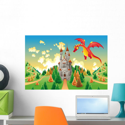 Panorama with medieval castle and dragon. Vector illustration Wall Mural