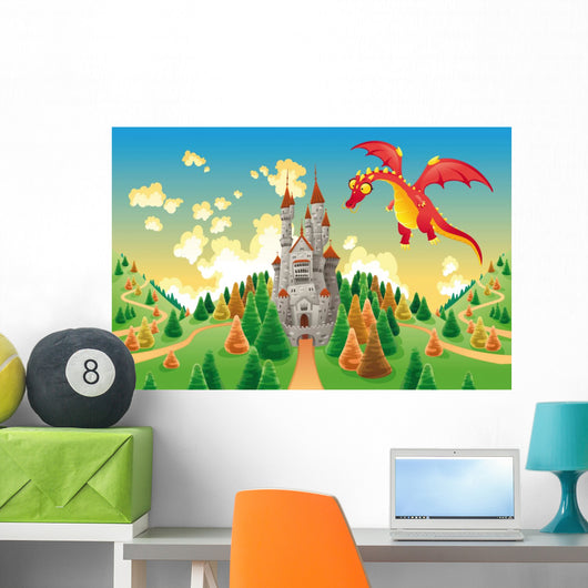 Panorama with medieval castle and dragon. Vector illustration Wall Mural