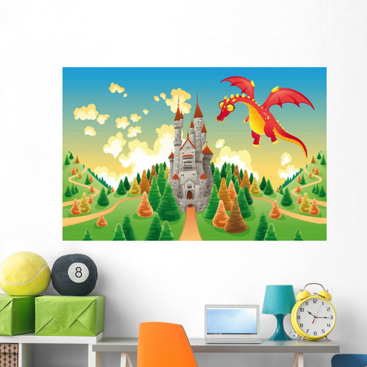 Panorama with medieval castle and dragon. Vector illustration Wall Mural