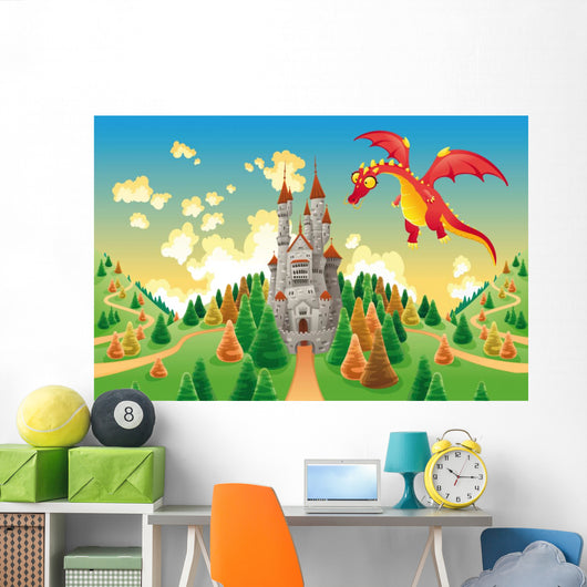 Panorama with medieval castle and dragon. Vector illustration Wall Mural