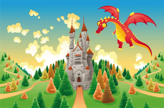 Panorama with medieval castle and dragon. Vector illustration Wall Mural