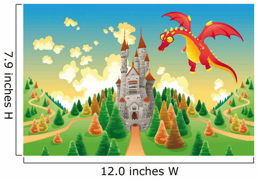 Panorama with medieval castle and dragon. Vector illustration Wall Mural
