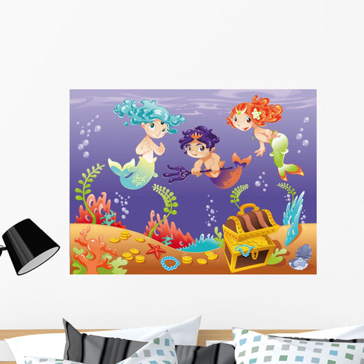 Baby Sirens and Baby Triton. Vector illustration. Wall Mural