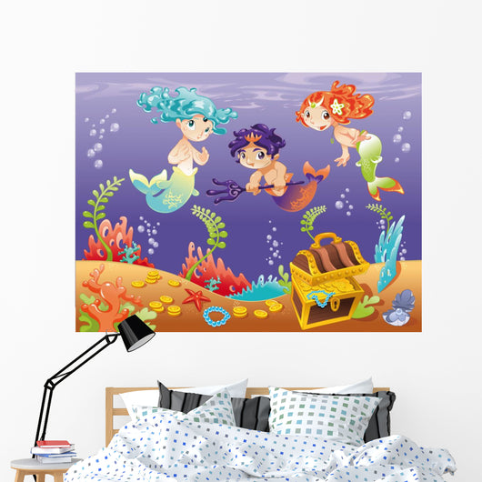 Baby Sirens and Baby Triton. Vector illustration. Wall Mural