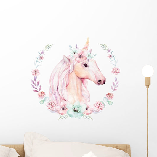 Watercolor Unicorn with Flowers Wall Decal
