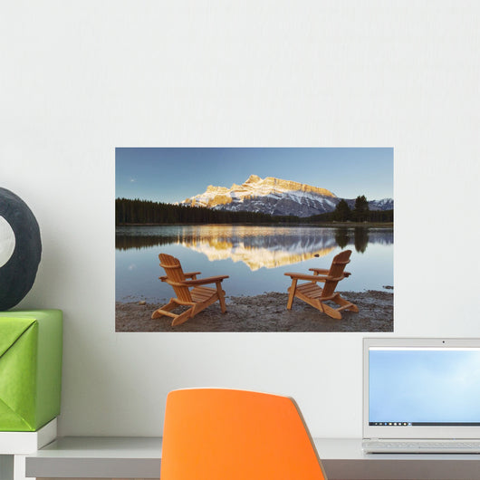 Muskoka Chairs In Front Of Mt Rundle And Two Jack Lake Wall Mural