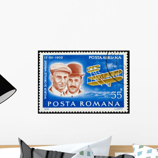 romanian mail stamp featuring the wright brothers first flight Wall Mural