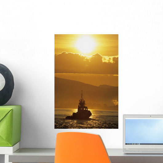Tugboat At Sunrise, Burrard Inlet, Vancouver British Columbia Wall Mural