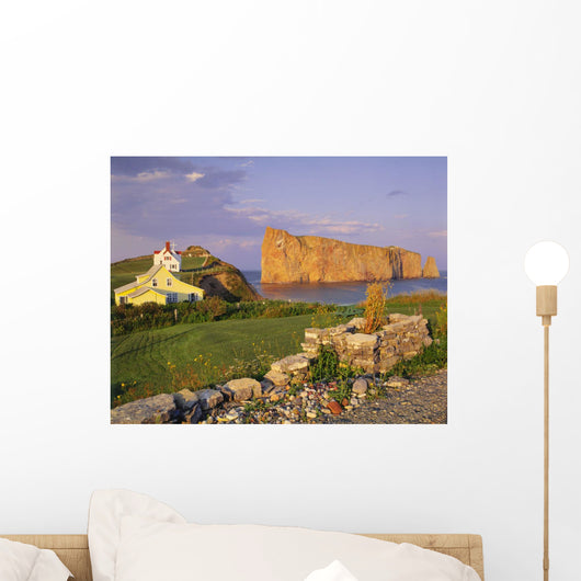 Houses And Perce Rock At Sunset, Gaspesie, Quebec Wall Mural