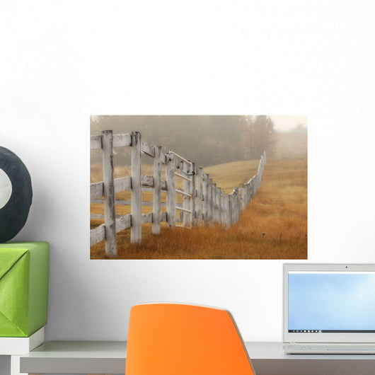 Farm Fence On Foggy Autumn Day, Strathcona County, Alberta Wall Mural