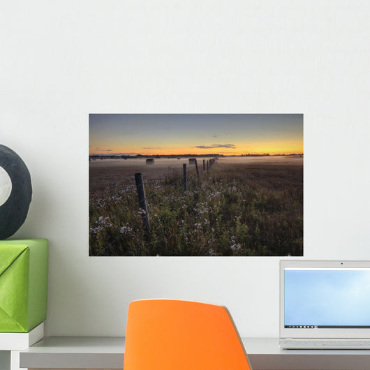 Summer Sunset Over Mist-Covered Pasture, Central Alberta Wall Mural