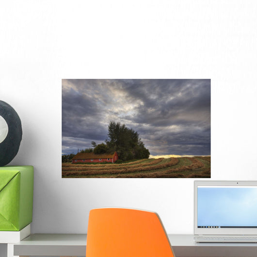 Abandoned Red Barn Against Stormy Evening Sky, Central Alberta Wall Mural