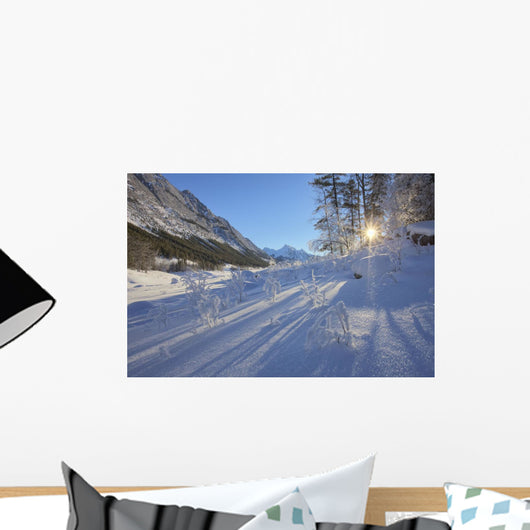Sunlight Breaking Through Trees On Snow-Covered Medicine Lake Wall Mural