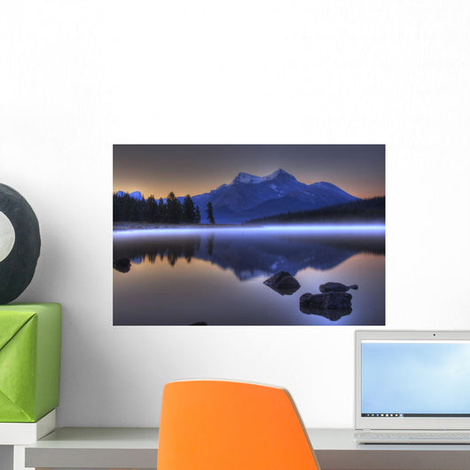 Sunrise On A Foggy Maligne Lake In Jasper National Park, Alberta Wall Mural