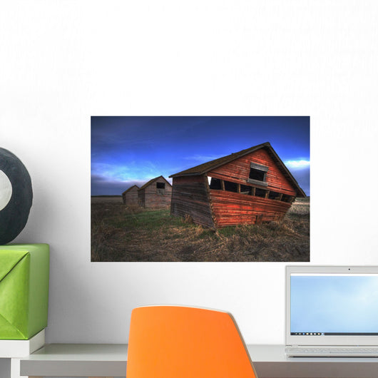 Three Old Red Granaries On The Alberta Prairie, North Of Edmonton Wall Mural