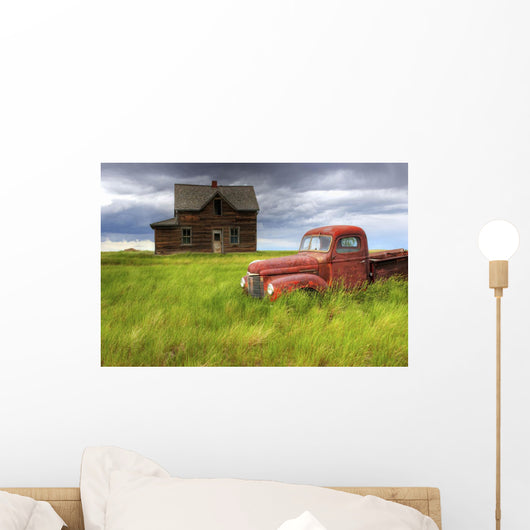 Abandoned Homestead House And Red Pick-Up Truck Wall Mural