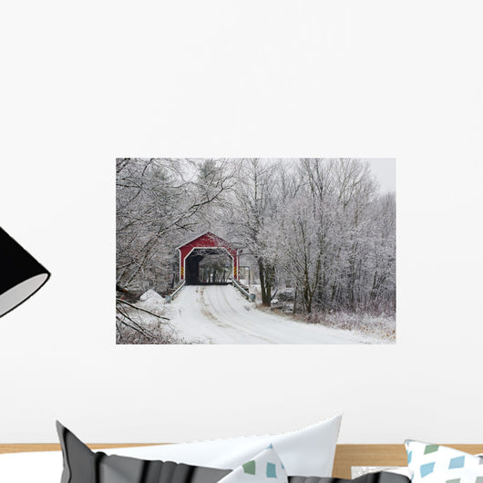 Red Covered Bridge In The Winter Wall Mural