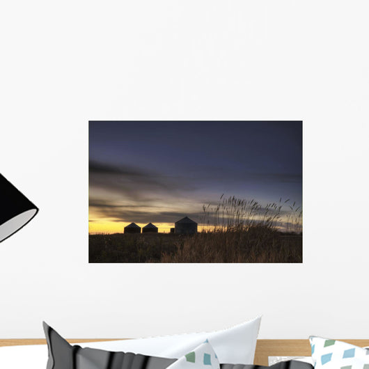 Sunset Silhouetting Grain Silos In Autumn, Rural Alberta Wall Mural