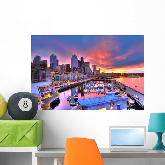 Seattle skyline and waterfront in sunrise Wall Mural