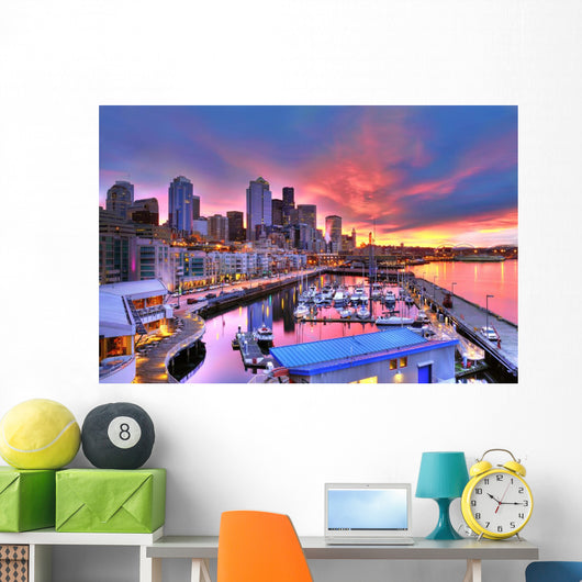 Seattle skyline and waterfront in sunrise Wall Mural