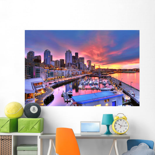 Seattle skyline and waterfront in sunrise Wall Mural