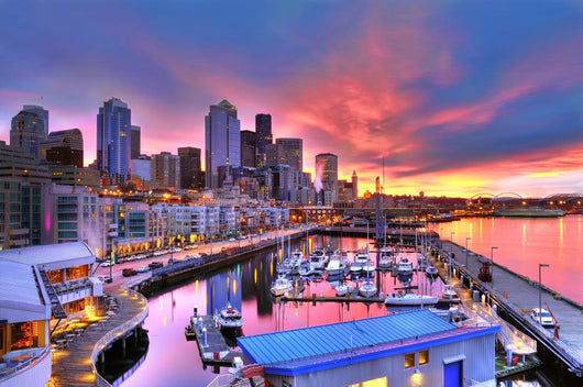 Seattle skyline and waterfront in sunrise Wall Mural