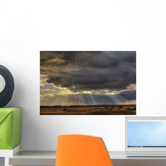 Sun Rays Through Clouds Over Three Old Grain Bins, Rural Alberta Wall Mural