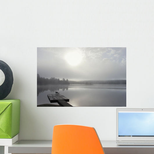 Dock In Morning Fog, Oxtongue Lake, Dwight, Ontario Wall Mural