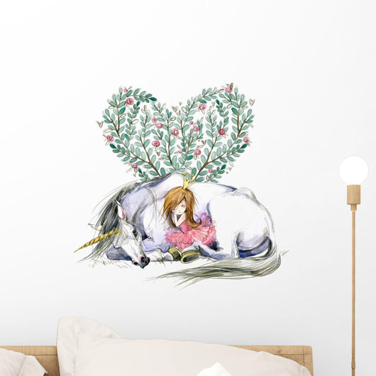 White Unicorn and Princess Sleeping Wall Decal