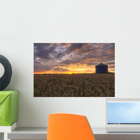 Sunrise Over A Barley Field And Grain Silo On A Farm Wall Mural