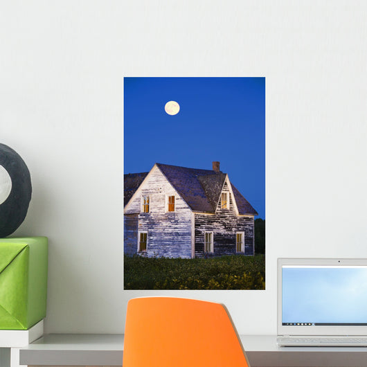 Abandoned House And Moon At Dusk, Perce, Gaspesie, Quebec Wall Mural
