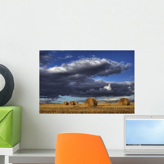 Hay Bales Under Cumulus Clouds In Autumn, Rural Alberta Wall Mural